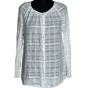 J McLaughlin XS White Cotton Linen Voile Stripe Button Down Smocked Blouse